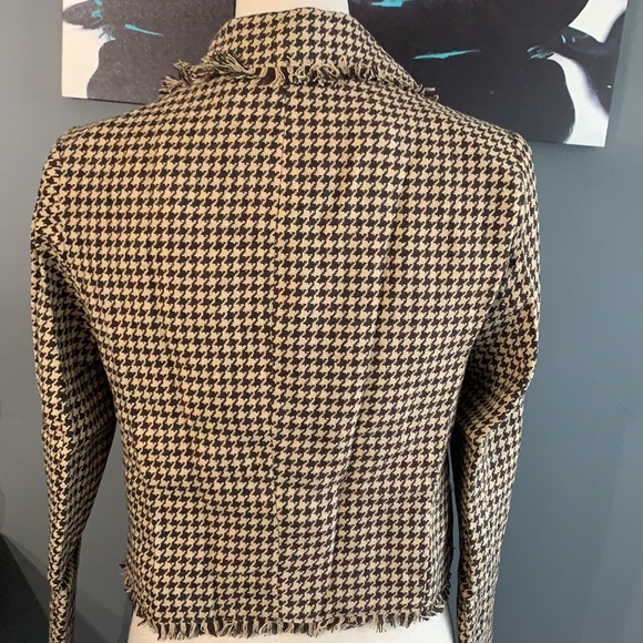 Love Riche Tan Brown Houndstooth Frayed Edging Lined Jacket Blazer NWT - Picture 7 of 16